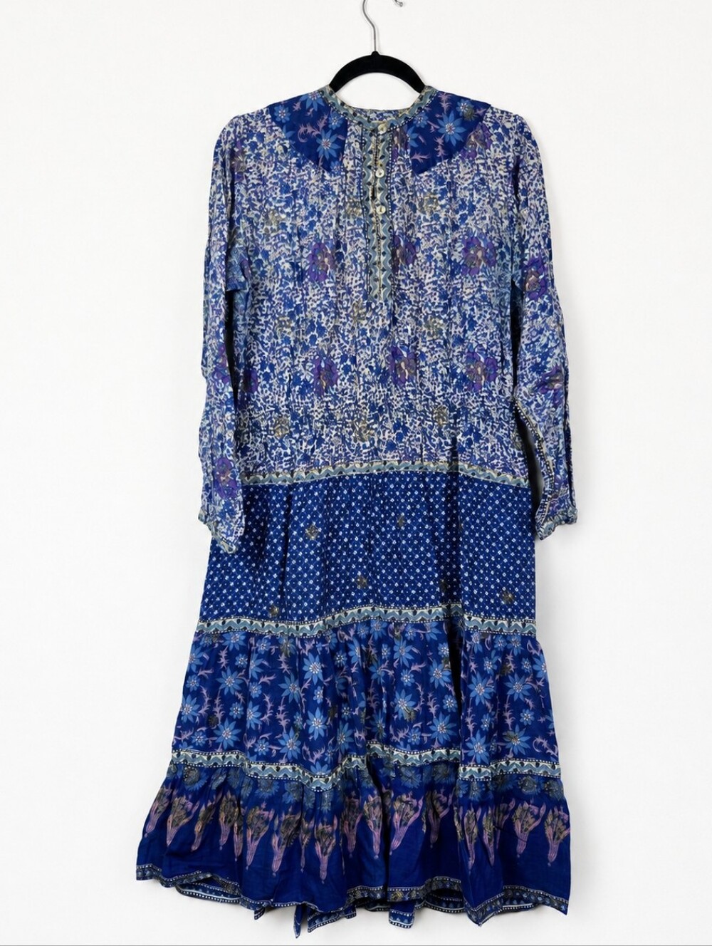 Vintage 70s Kaiser Cotton Maxi Dress Large Pakistani Block Print Boho Hippie